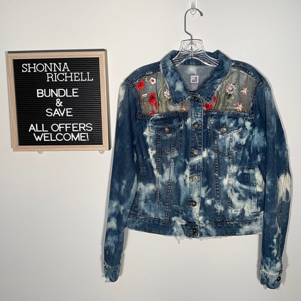 Custom Tie Dye Bleached & Distressed Denim/Jean Jacket with Embellished Tulle XL
